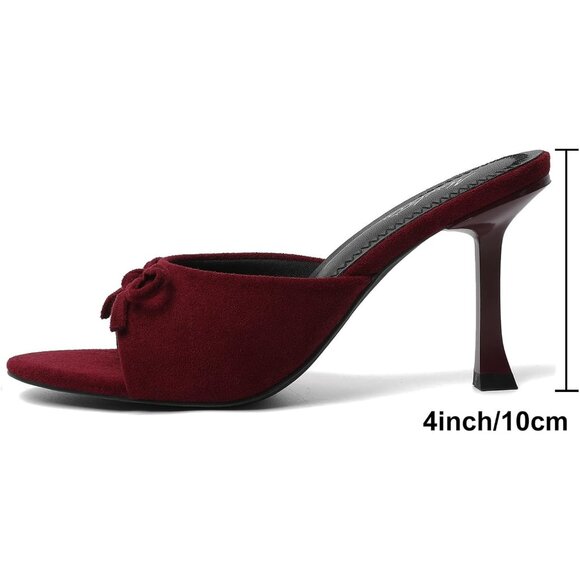 Women's Burgundy Suede Round Toe Heels With Bow Vintage Mules Sexy Slip on - Picture 4 of 9